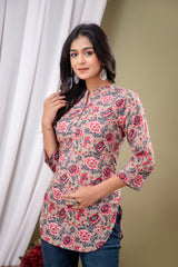 Floral Print Shirt Collar Cotton Longline Top