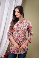 Floral Print Shirt Collar Cotton Longline Top