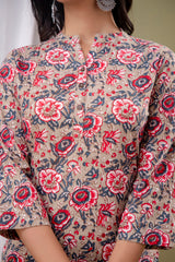 Floral Print Shirt Collar Cotton Longline Top