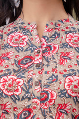 Floral Print Shirt Collar Cotton Longline Top