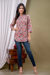 Floral Print Shirt Collar Cotton Longline Top