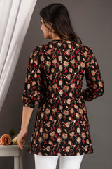 Black Floral Print Roll-Up Sleeves Shirt Style Top
