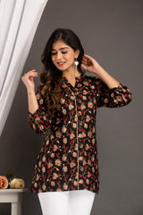 Black Floral Print Roll-Up Sleeves Shirt Style Top