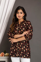 Black Floral Print Roll-Up Sleeves Shirt Style Top