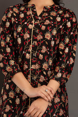 Black Floral Print Roll-Up Sleeves Shirt Style Top
