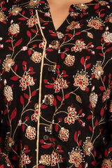 Black Floral Print Roll-Up Sleeves Shirt Style Top