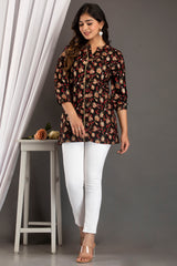 Black Floral Print Roll-Up Sleeves Shirt Style Top