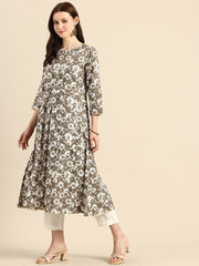 Grey printed A-Line Kurta with Trouser