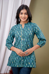 Blue Floral Print Mandarin Collar Shirt Style Top