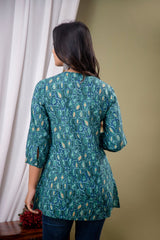 Blue Floral Print Mandarin Collar Shirt Style Top