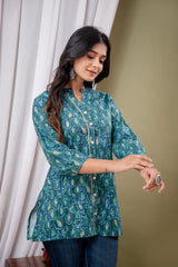 Blue Floral Print Mandarin Collar Shirt Style Top