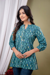 Blue Floral Print Mandarin Collar Shirt Style Top