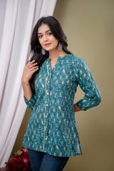 Blue Floral Print Mandarin Collar Shirt Style Top