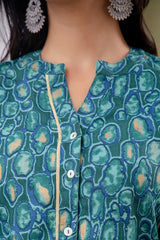 Blue Floral Print Mandarin Collar Shirt Style Top