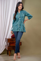Blue Floral Print Mandarin Collar Shirt Style Top
