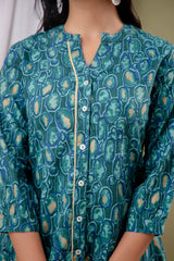 Blue Floral Print Mandarin Collar Shirt Style Top