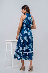 Blue Floral Printed Fit And Flared Midi Dress