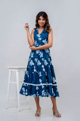 Blue Floral Printed Fit And Flared Midi Dress