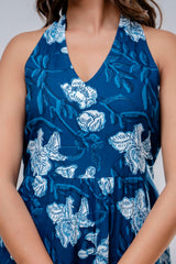 Blue Floral Printed Fit And Flared Midi Dress