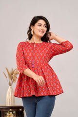 Red Ethnic Motifs Cotton Empire Top