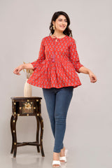 Red Ethnic Motifs Cotton Empire Top