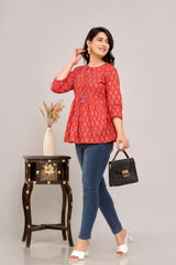 Red Ethnic Motifs Cotton Empire Top
