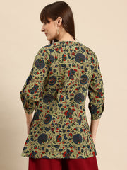 Floral Print Mandarin Collar Cotton Top