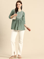 Pure Cotton Embroidered Ethnic Print Peplum Top