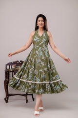 Green Floral Printed Tiered A-Line Midi Ethnic Dress