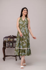 Green Floral Printed Tiered A-Line Midi Ethnic Dress