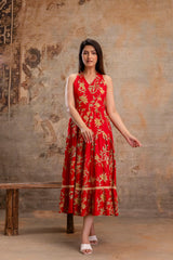 Red Floral Printed Halter Neck Tiered Fit & Flare Midi Ethnic Dress