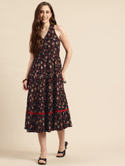 Black Floral Printed Halter Neck Tiered Fit & Flare Midi Ethnic Dress