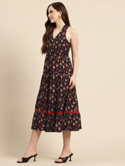 Black Floral Printed Halter Neck Tiered Fit & Flare Midi Ethnic Dress