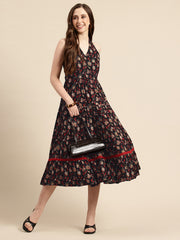 Black Floral Printed Halter Neck Tiered Fit & Flare Midi Ethnic Dress