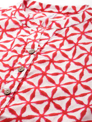 Pure Cotton Geometric Print Mandarin Collar Roll-Up Sleeves Longline Top