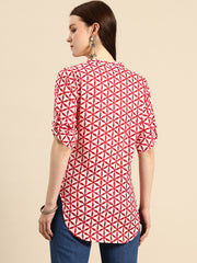 Pure Cotton Geometric Print Mandarin Collar Roll-Up Sleeves Longline Top