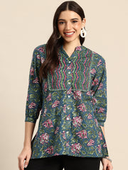 Floral Print Mandarin Collar Pure Cotton Top