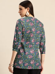 Floral Print Mandarin Collar Pure Cotton Top