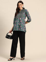 Floral Print Mandarin Collar Pure Cotton Top