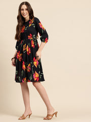 Black Floral Print Puff Sleeve Fit & Flare Dress