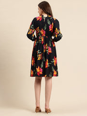 Black Floral Print Puff Sleeve Fit & Flare Dress