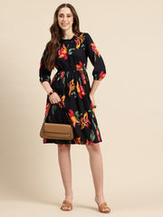 Black Floral Print Puff Sleeve Fit & Flare Dress