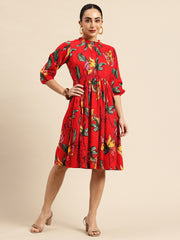 Red Floral Print Puff Sleeve Fit & Flare Dress