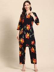 Black Floral Printed Tunic With Trouser Co-ord Set