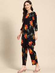 Black Floral Printed Tunic With Trouser Co-ord Set