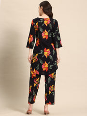 Black Floral Printed Tunic With Trouser Co-ord Set