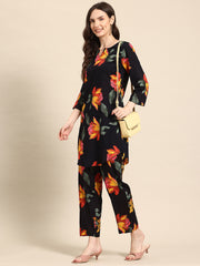 Black Floral Printed Tunic With Trouser Co-ord Set