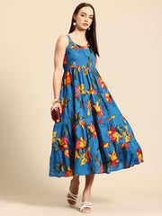 Blue Floral Print Layered Fit & Flare Maxi Dress