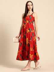 Red Floral Print Layered Fit & Flare Maxi Dress