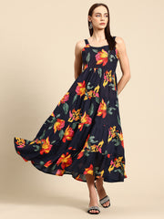 Black Floral Print Layered Fit & Flare Maxi Dress